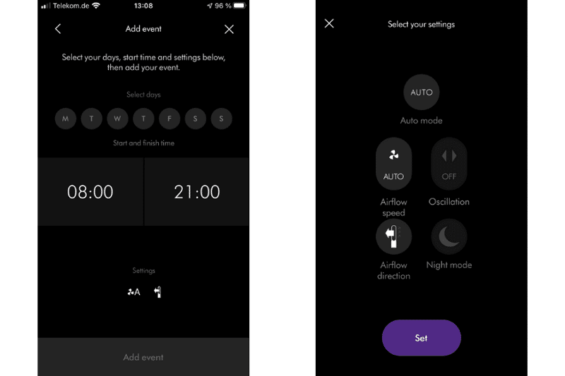 In der Dyson Link App kann man Tag, Uhrzeit und Funktionen für den Dyson Luftreiniger festlegen.